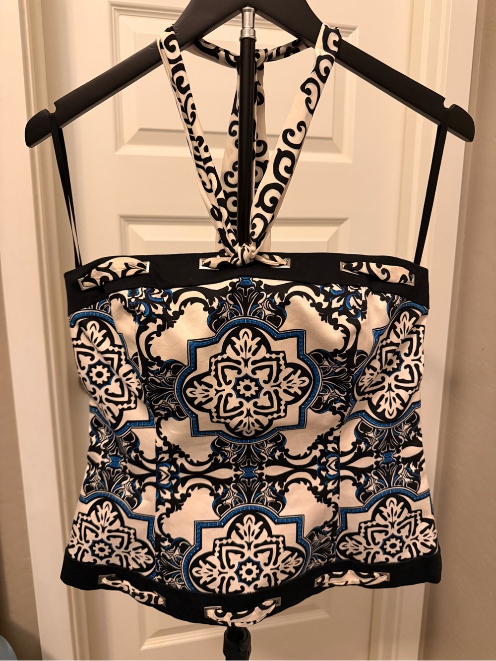 White House Black Market Black, White & Blue Printed Halter Top